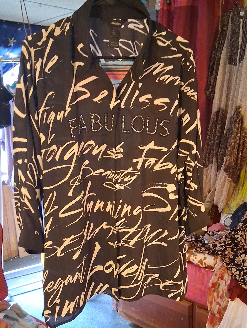 Ali Miles Black Button-Down Script Print Top with Rhinestone 'FABULOUS'